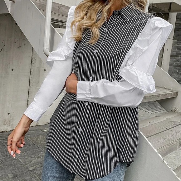 Stripe Ruffle trim button through blouse - Picture 4 of 4
